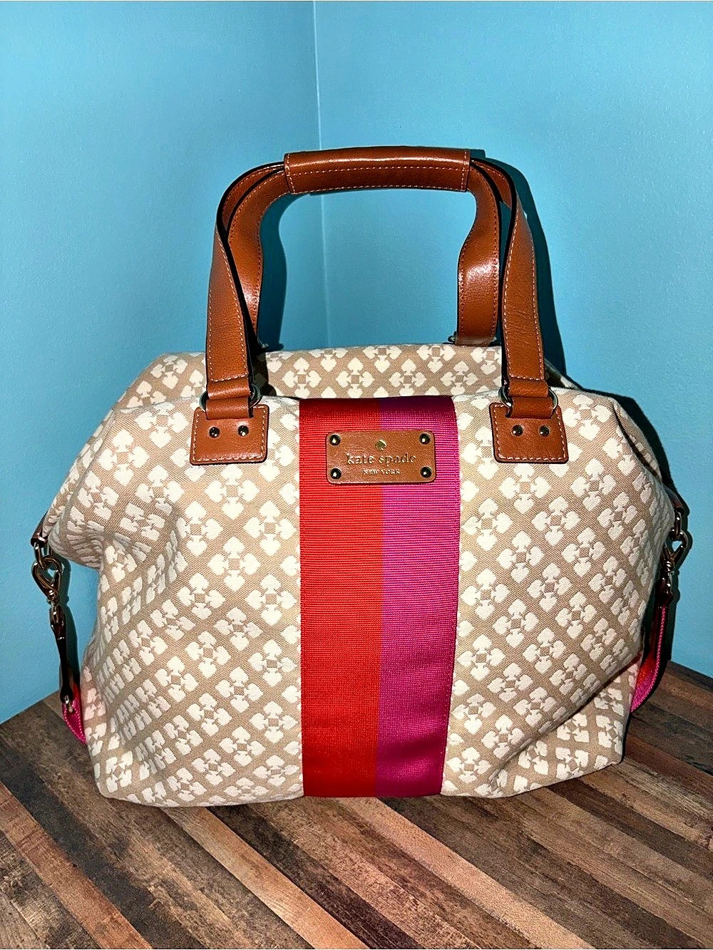 Kate Spade Stucco Print Juliet Carryall Tote in Tan, Pink, Orange, Cream